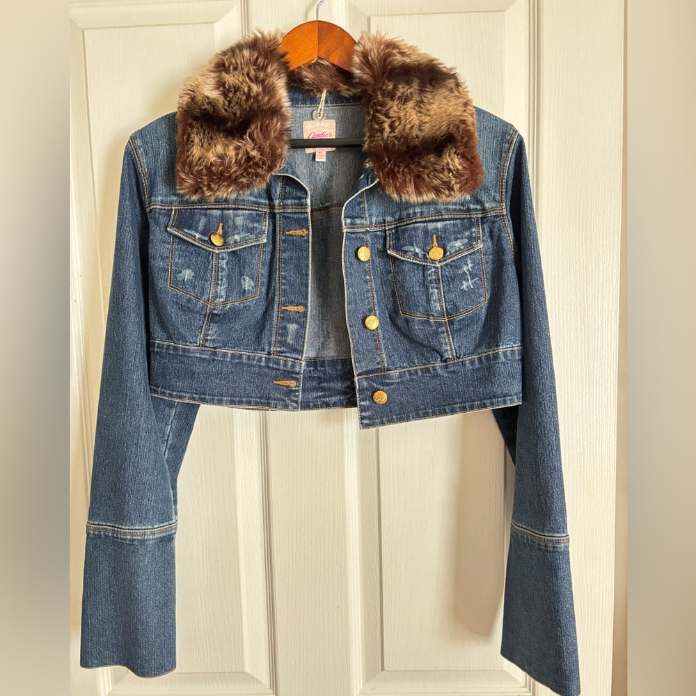 Candie's Dark Blue Denim Cropped Jacket with Brown Faux Fur Collar